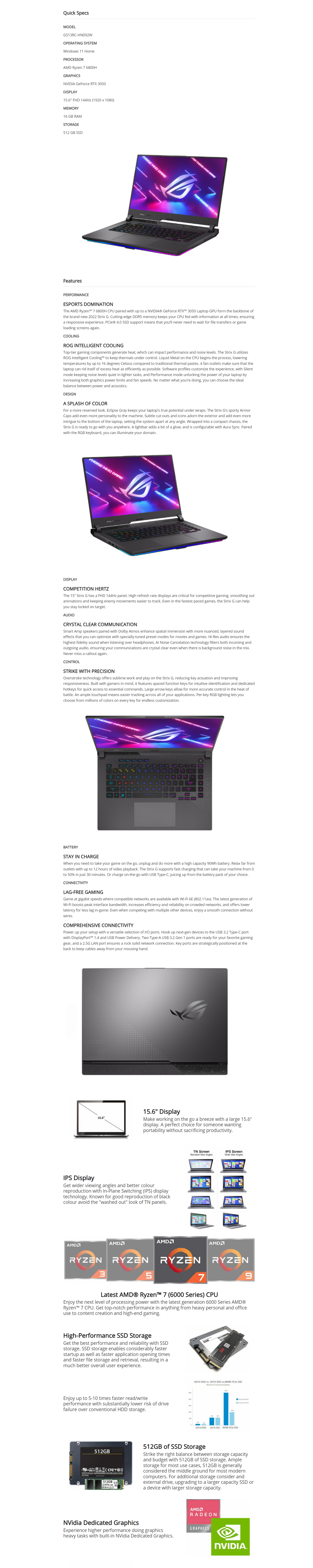 A large marketing image providing additional information about the product ASUS ROG Strix G15 (G513) - 15.6" 144Hz, Ryzen 7, RTX 3050, 16GB/512GB Win 11 Gaming Notebook - Additional alt info not provided